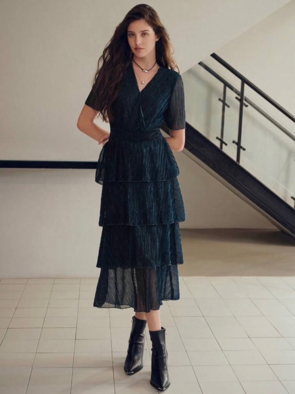 NWT - MOTF - Surplice - Layered Ruffle - Shimmering Plisse - Midi Dress - XS